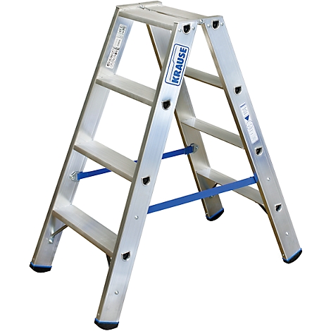 Grey aluminum step ladder, brand Krause, blue reinforced, standing in front of white background.