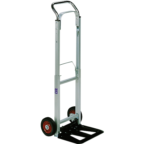 A silver hand truck with two wheels and a black loading plate. The wheels have red rims.