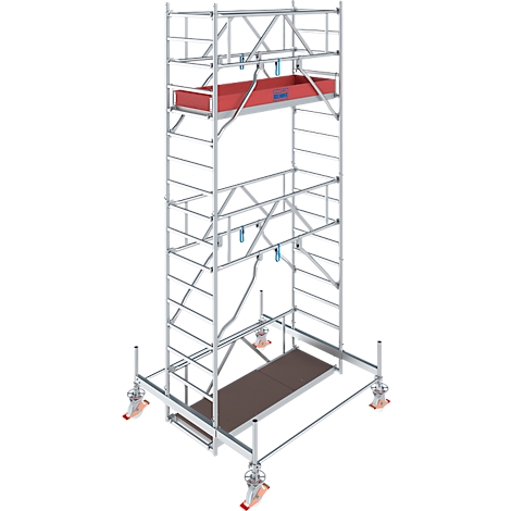A scaffold with red tray, platform, and wheels. The scaffolding stands on wheels and has several levels.