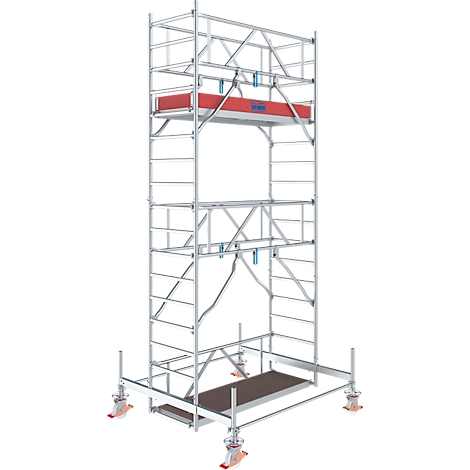 A silver scaffold standing on wheels, with a red platform in the middle. Blue and red elements are visible.