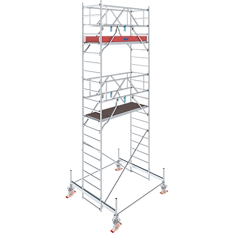 Metal scaffolding, with platform, wheels and red marking.