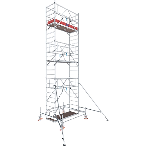 Tall scaffolding with red work platform and outriggers for stabilization. The construction stands on wheels.