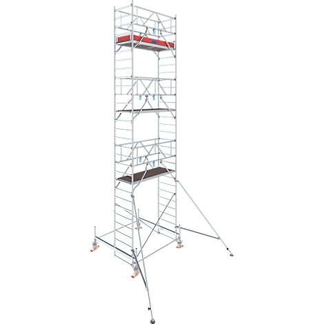 A tall, silver scaffold standing on red-orange feet. It has several platforms and is reinforced by struts.
