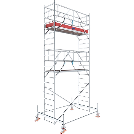 A silver scaffolding with two platforms and red railings, on castors. It stands against a white background.