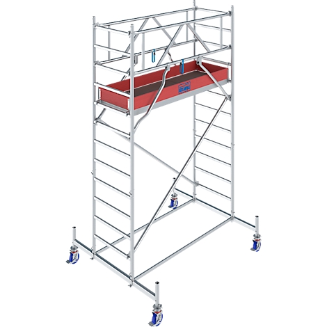 A silver scaffolding with a red shelf, blue wheels. A guardrail at the top.