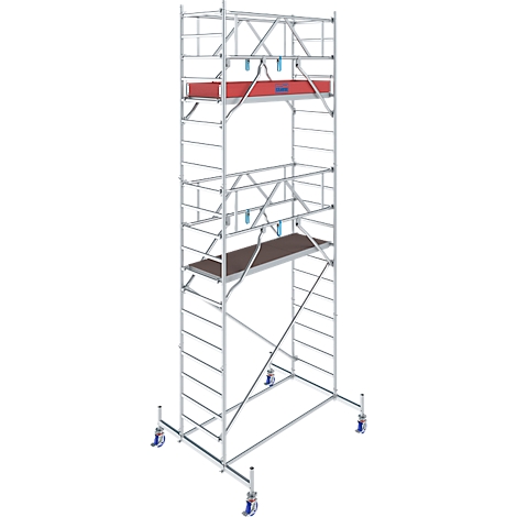 A metal scaffold with two platforms, wheels, and a red box on the upper platform.