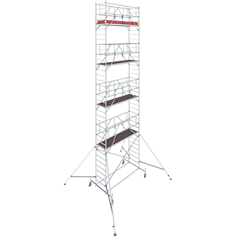 A tall, silver scaffolding standing on wheels, with multiple platforms. A red step at the top.