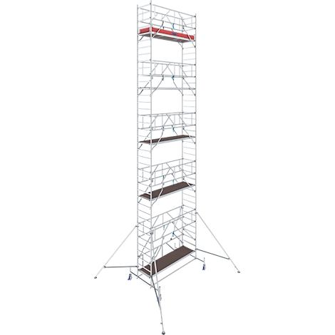 A tall, mobile scaffolding made of metal with several platforms. Red and brown elements stand out from the silver metal. The wheels are visible.