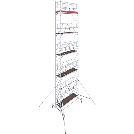 A tall, mobile scaffolding made of metal, with work platforms and rollers.