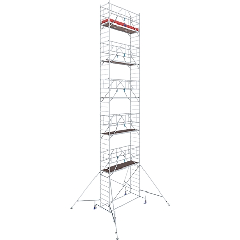 A tall, silver scaffolding, standing on wheels. It has several platforms and is designed for construction work.