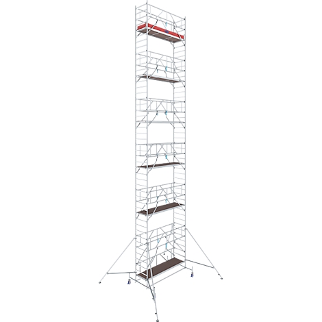 Tall, freestanding metal scaffolding. Multiple platforms offer work surfaces. Stable outriggers on the ground ensure stability.
