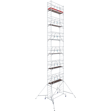 A tall scaffold with multiple platforms. The top platform is red. The scaffold has four wheels.