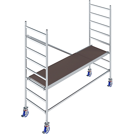 Scaffolding with wooden platform. It has wheels for easy movement.