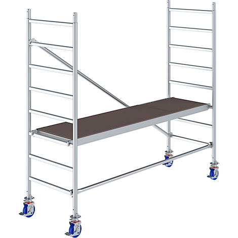 Scaffolding with wheels, silver metal construction with brown work surface.