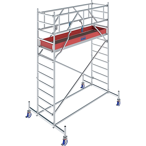 Metal scaffolding with a red shelf and blue rollers.