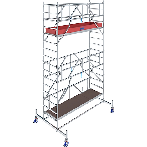 Metal scaffold with wheels, red storage, and brown platform.