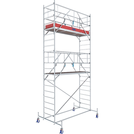 Rolling scaffold, metallic, with red platforms and wheels.
