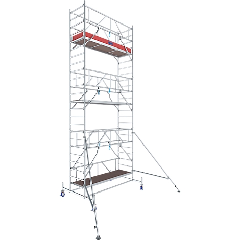 A tall, silver scaffold stands against a white background. It has several platforms and wheels on its feet.