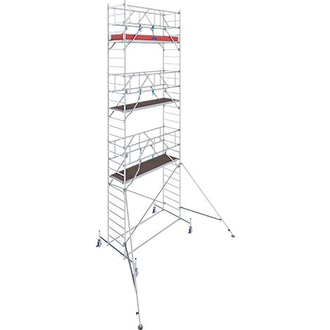 Scaffolding tower with different levels and rollers.