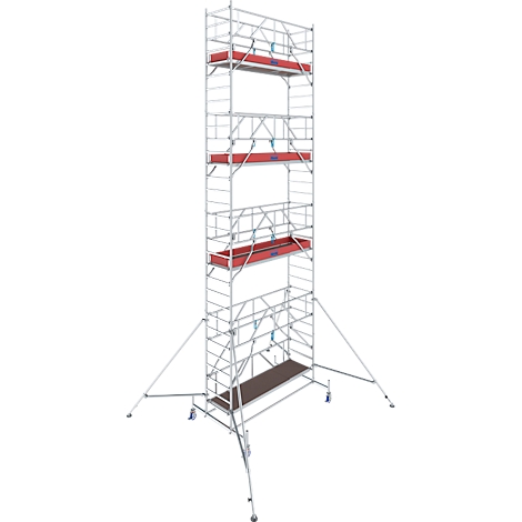 A tall scaffold with red work surfaces and rollers. It has multiple levels and outriggers for stabilization.