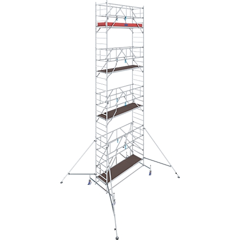 Tall, freestanding metal scaffold with multiple levels and rollers on the feet. A red element at the top.