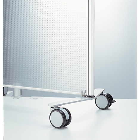 Gray, perforated room dividers with castors. On a light background with silver metal frame.