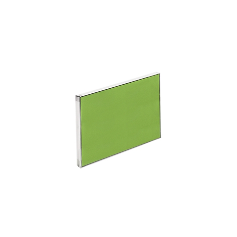 Rectangular object, green surface with a silver frame, slightly slanted against a white background.