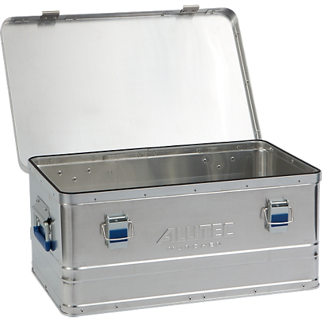 Opened silver aluminum box with blue handle and lid. The lettering 'ALUTEC' is embossed.