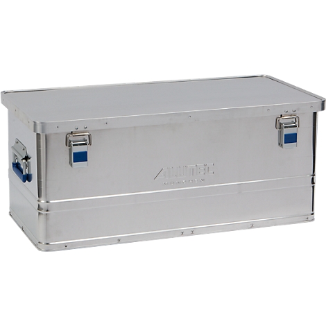 Silver aluminum box with blue latches and handle. The name “ALUXX” is engraved on it.