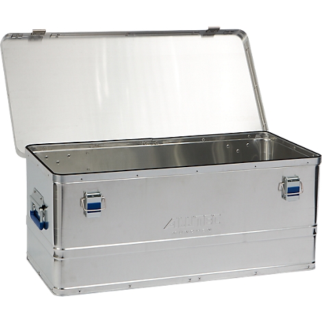 Open, silver-colored aluminum box with open lid. Blue handles and hinges.