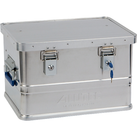 Silver aluminum box with two latches, a lock, and a handle. A key is in the lock.