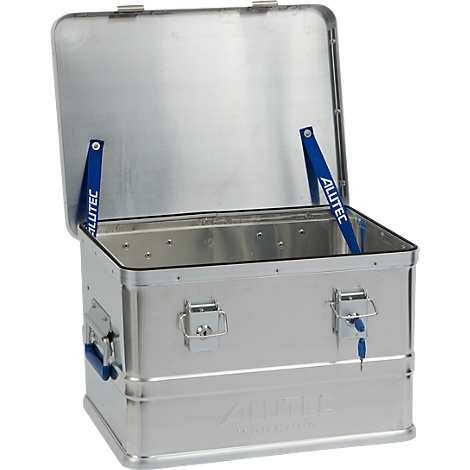 Silver aluminum box with open lid. Blue retaining straps, ALUTEC lettering.