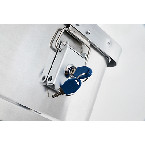 Close-up of a silver box lock with two blue keys.