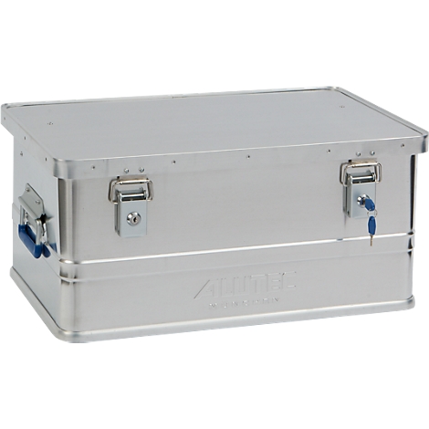 Silver aluminum box with two closures and a key.