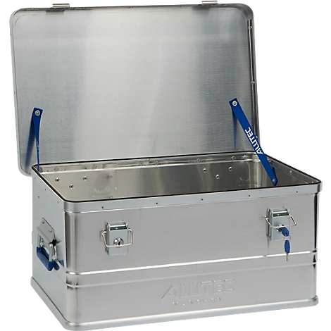 Open silver aluminum box with blue accessories. The lid is open, the handles and locks are visible.