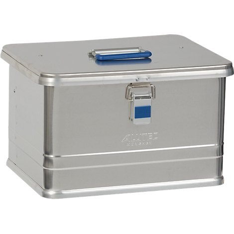 Silver aluminum box with blue handle and latch. The box says "ALU-BOX".