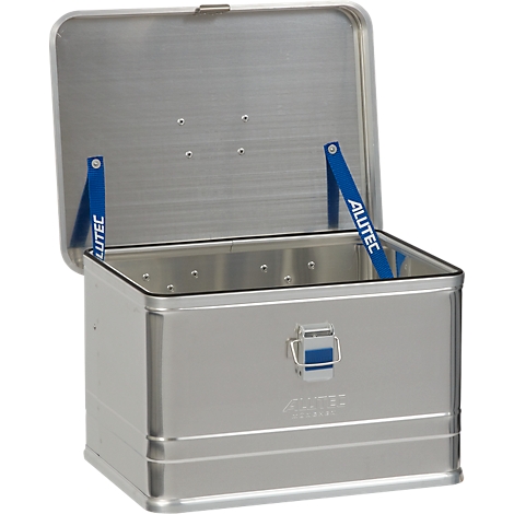 Open aluminum box with blue straps, lid is half open. "ALUTEC" is printed on the straps.