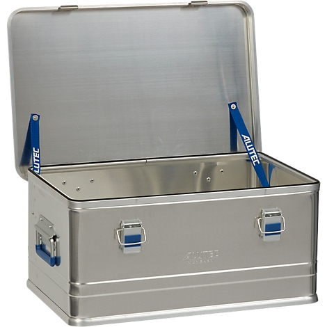 Open aluminium case with blue reinforcements and handles. The case is slightly open and features the ALUTEC logo.