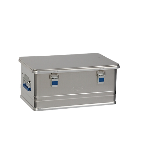A rectangular silver transport box with a lid, two clasps and a blue handle.