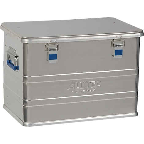 Aluminum box with silver surface and blue handle and latches. Inscription: ALLUTEC MUNICH.