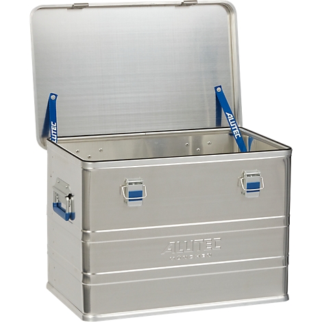 Silver aluminum box with open lid. Blue lid holders and clasps.