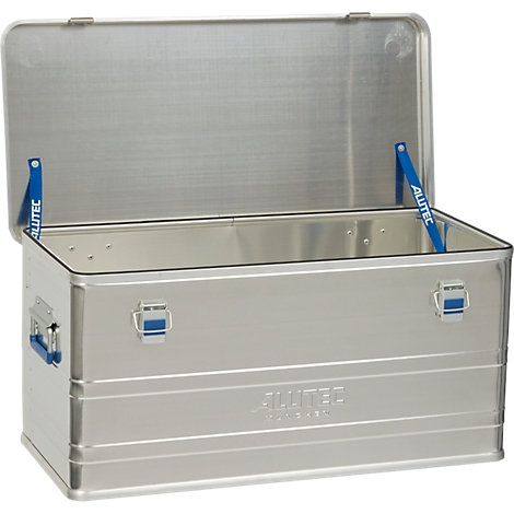 Open, silver transport box. Blue hinges and latches.