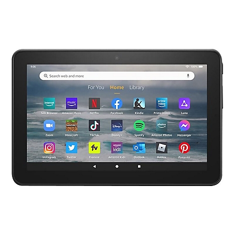 Schwarzes Tablet mit Apps wie Netflix, Facebook und Prime Video. Oben links steht 9:06.