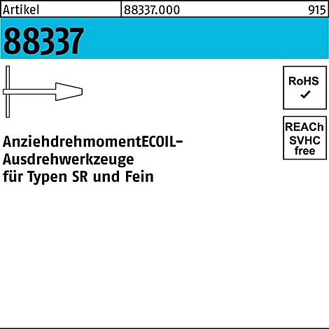 Tekst in blauw vak: Artikel 88337.000. Tekst: AandraaimomentECOIL-uitschroefgereedschap voor types SR en Fein. RoHS- en REACH-labels.