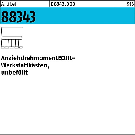 Tekening van een werkplaatskist met de teksten: Artikel, 88343.000, 913, aandraaimoment ECOIL-, werkplaatskisten, ongevuld.