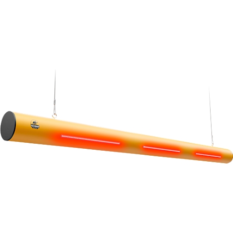 Gelbes zylindrisches Heizgerät mit roten Lichtstreifen, an zwei Seilen aufgehängt.
