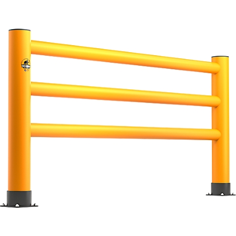 Gele veiligheidsbarrière met drie horizontale staven. Een klein logo op de palen.