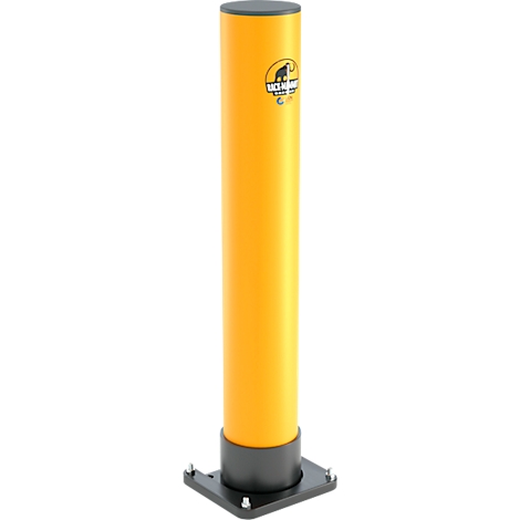 Gele cilindervormige paal met zwarte voet en grijze kap. Op de paal een logo.