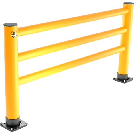 Gele veiligheidsbarrière met drie horizontale staven. Hij staat op zwarte vierkante sokkels en is vrijstaand.