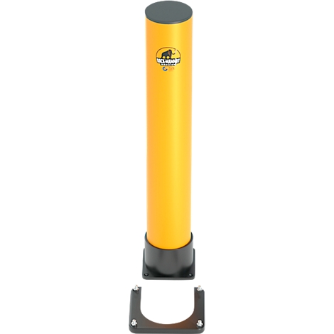 Poteau cylindrique jaune avec couvercle gris et une base noire avec fixation. Logo en haut.